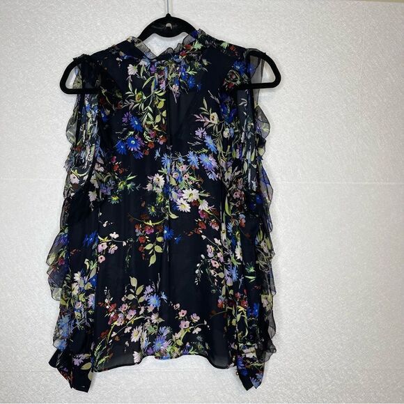 Parker Elana Floral Ruffle Cold Shoulder Sill Blouse XS - Picture 5 of 6